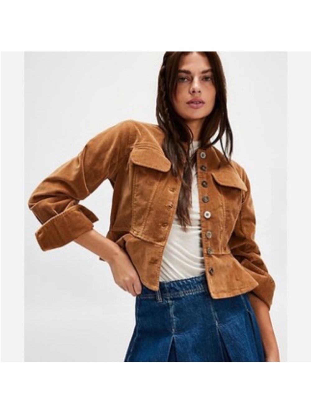 Free People Caramel Suede-Style Button Jacket - Picture 1 of 6